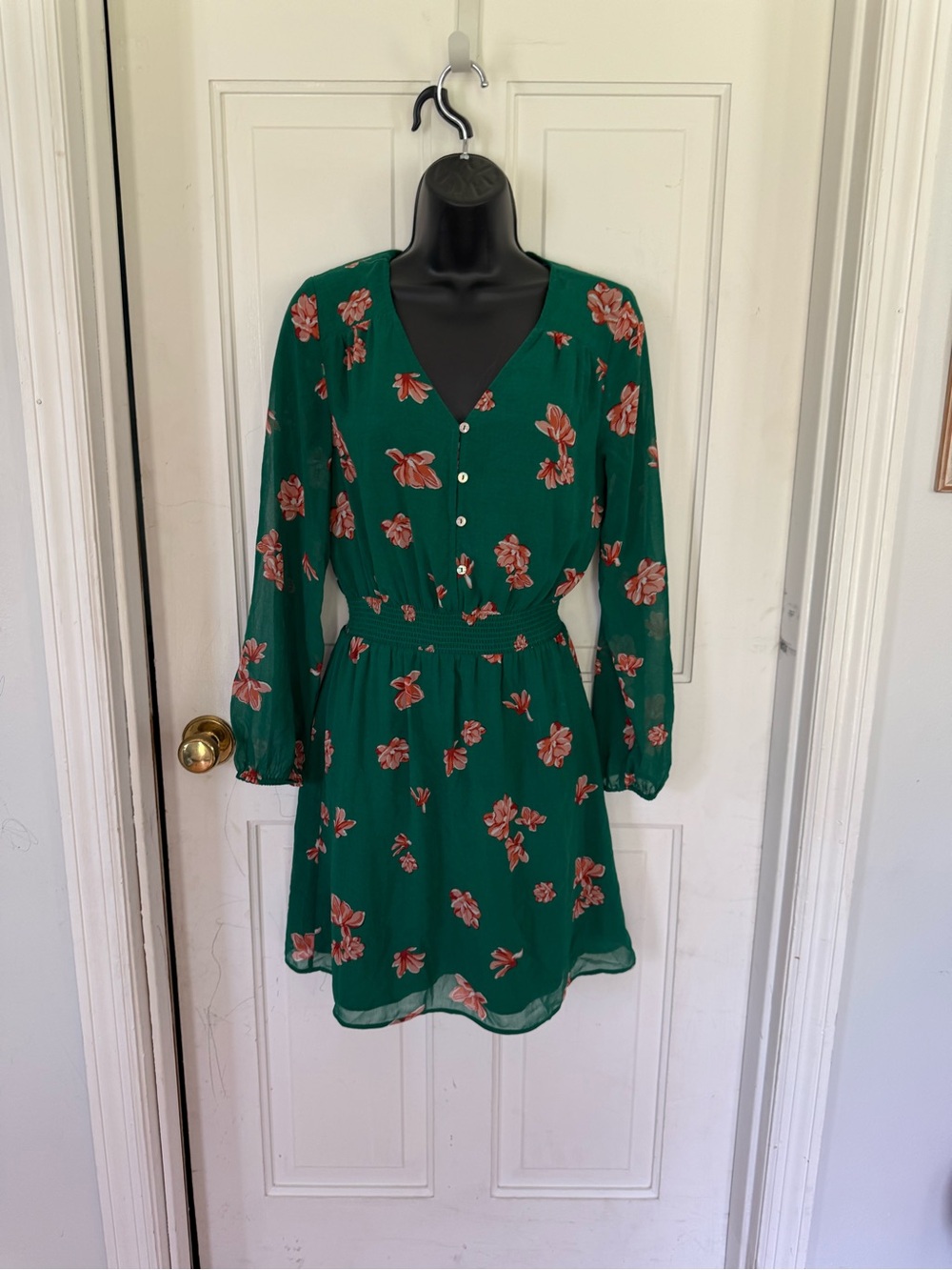 Daniel Rainn Green Floral Long-Sleeve V-Neck Smocked Waist Dress